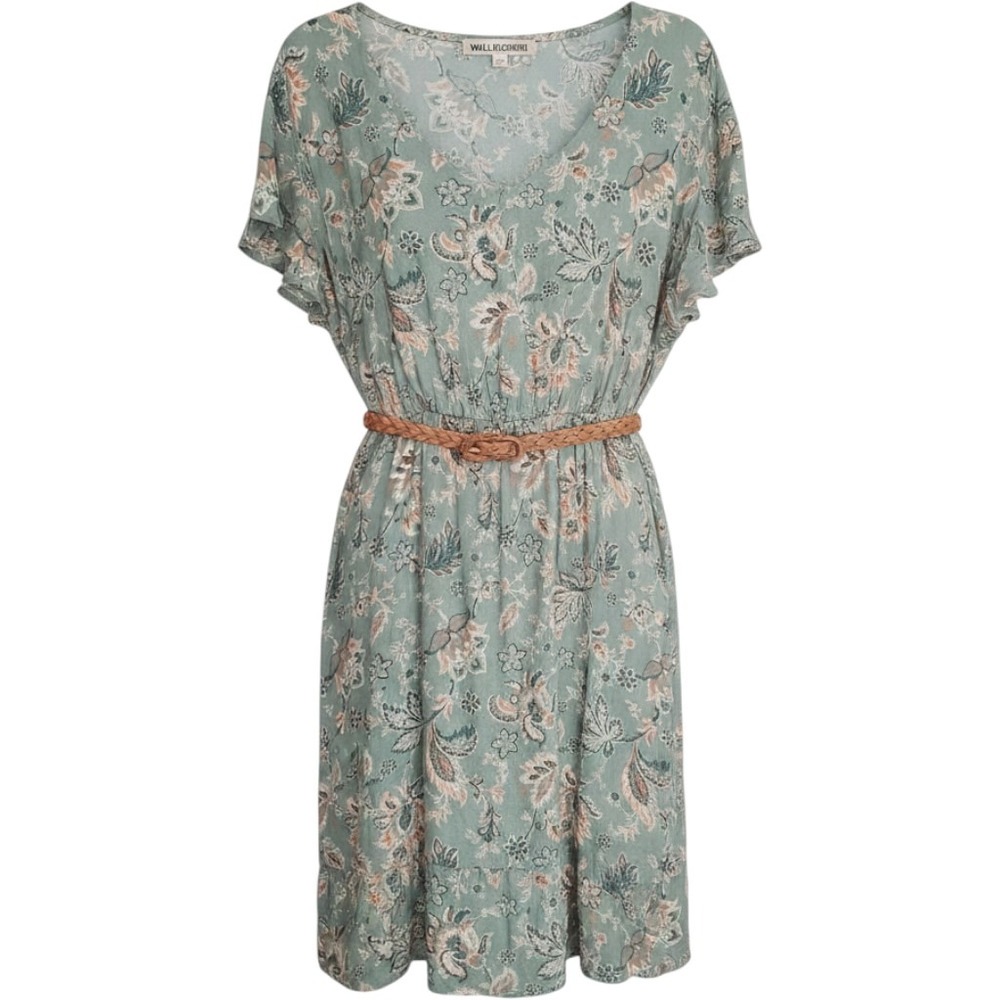 Garden Party Dress Green Floral Short‎ Sleeve Belted Boho Casual Summer L